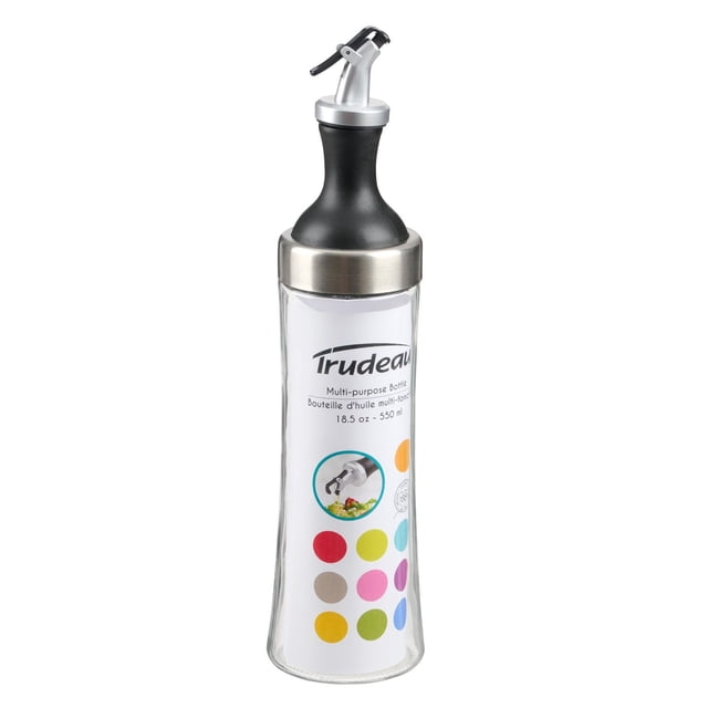 Trudeau Multi-Purpose Infuser Bottle with clear glass body, stainless steel collar, and black neck, featuring dual spouts for controlled or wide pouring and an integrated filter, 18.5 oz capacity, suitable for dispensing infused oils and salad dressings.