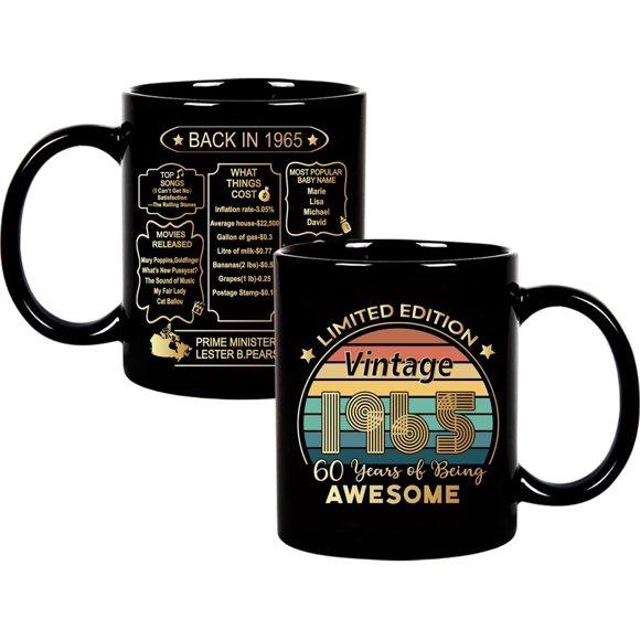 60th Birthday Gifts for Women Men,1965 Old Time Information Birthday Coffee Mug, Sixty Years Old Bday Party Decorations Tea Cup 11OZ