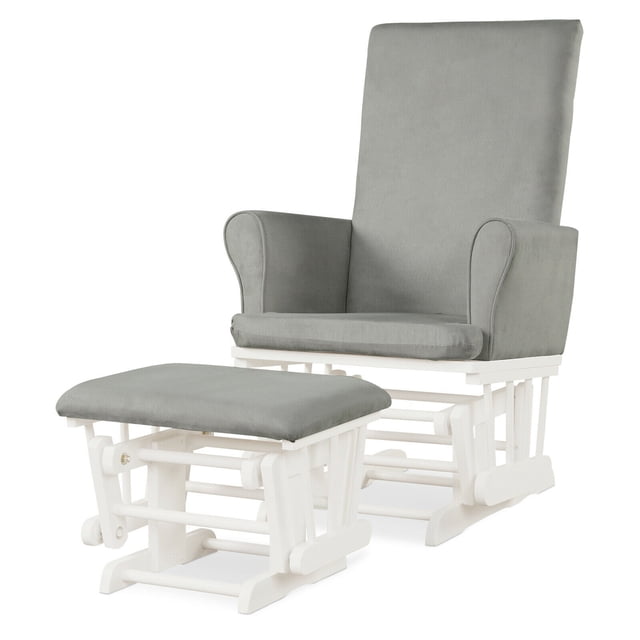 Gymax Glider and Ottoman Cushion Set Wooden Baby Nursery Rocking Chair in grey. The set includes a high-back glider with soft grey microfiber fabric cushions and padded armrests, paired with a matching ottoman. Both pieces feature a sturdy white wooden frame with smooth ball bearings for gentle gliding motion. Ideal for nursing, reading, or relaxing, the chair has an ergonomic design with a slightly tilted backrest and detachable cushion covers for easy cleaning.