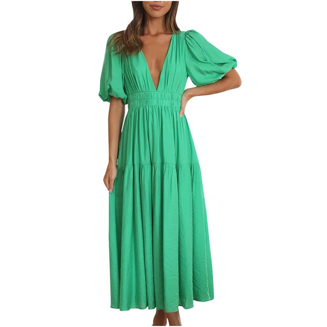 Yuyuzo Robes d'Été pour Femmes 2025 à Col en V en Mousseline Boho de Plage Robe Midi Plissée Fluide Évasée à Volants Unie Longue Robe