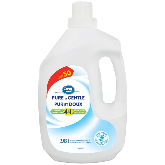 Great Value Liquid Laundry Detergent Pure & Gentle 4-in-1 50 wash, 2.03L white plastic bottle with handle and screw cap, hypoallergenic formula free from perfumes and dyes, brightens clothes, suitable for high-efficiency washers, gentle on sensitive skin and effective against stains.