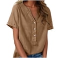 thumbnail image 1 of Floleo T-Shirt à Manches Courtes pour Femmes, Style Lin, Col en V, Boutons devant, Demi-Ouverture, Haut Vintage Classique, Respirant, Confortable, Extensible, Tissu Fin, Printemps Été Automne, Tenue Quotidienne (Brun#1, m), 1 of 8