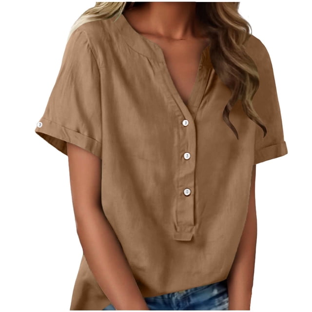 Floleo T-Shirt à Manches Courtes pour Femmes, Style Lin, Col en V, Boutons devant, Demi-Ouverture, Haut Vintage Classique, Respirant, Confortable, Extensible, Tissu Fin, Printemps Été Automne, Tenue Quotidienne (Brun#1, m)