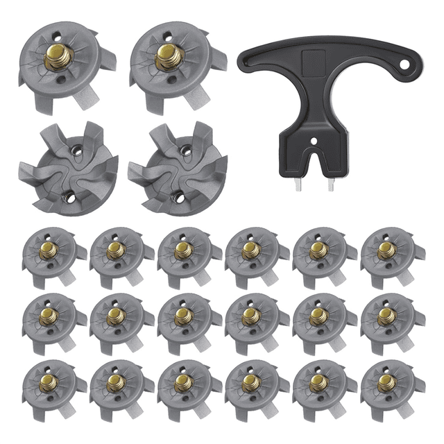 Golf Spikes Set Includes 30 Pcs Golf Cleats Replacement Golf Cleats Spanner Metal Thread Screw 6 mm Dia Golf Spike Tool. This golf accessory set includes 30 durable TPU and metal replacement cleats with a 6-way stability design for superior grip and flexibility on various terrains. Comes with a black spanner for easy installation and replacement.
