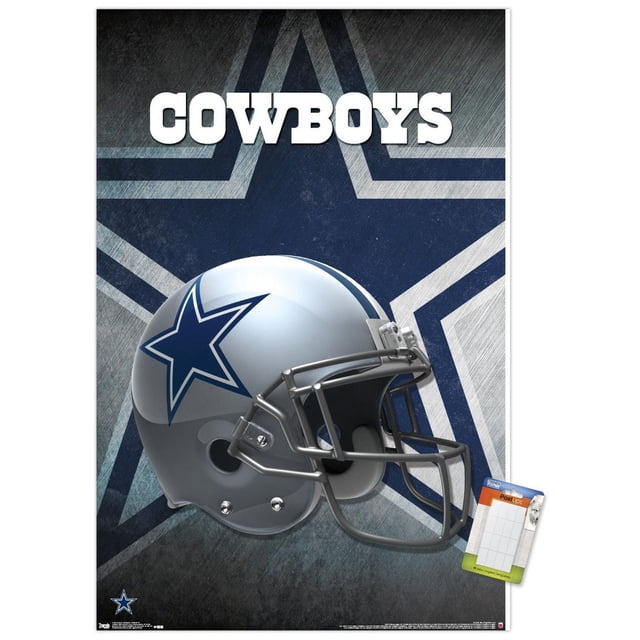 NFL Dallas Cowboys - Affiche Murale Casque 16, 22,375 Po x 34 Po Encadrée Montrant un Profil Latéral Centré d'Un Casque de football Argent avec un logo Étoile Bleu, sur un Grand Fond d'Étoiles Bleu et Gris Délavé avec « Cowboys » en Lettres Blanches Audacieuses au-Dessus, Convient à l'Art Mural et à la Déco de Pièce, Léger et Facile à Accrocher avec un Accroche-Dents.