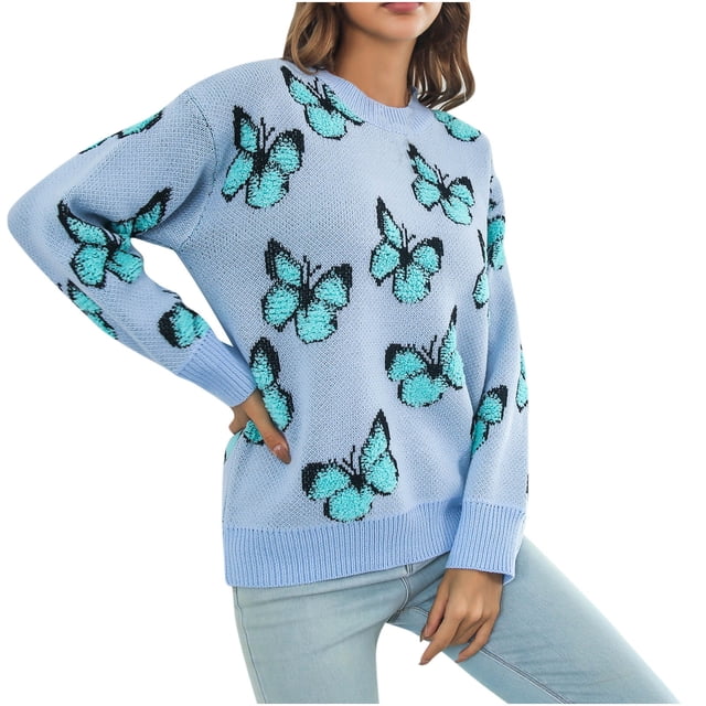 Mrat Chandails Décontractés de Mode Automnale pour Femmes à Manches Longues, Col Rond, à Boutons, Chandail Uni, Hauts Décontractés à Enfiler, Chandail Douillet S-57 Bleu TG