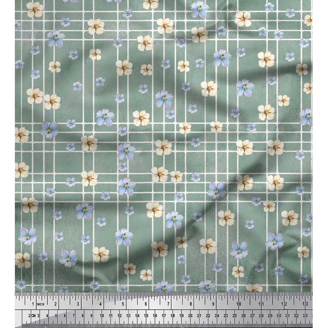 Soimoi Green Satin Silk Fabric Check & Floral Printed Craft Fabric by The Yard 42 Inch Wide