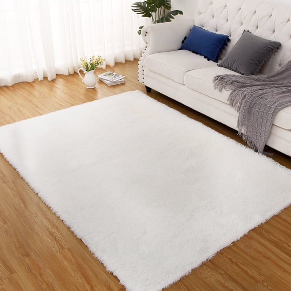 GlowSol 9x12 Large Shag Rug Modern Shag Area Rug Ultra Soft Fluffy Rug Thick Plush Rug High Pile Non-Shedding Shaggy Rug for Living Room Bedroom, White