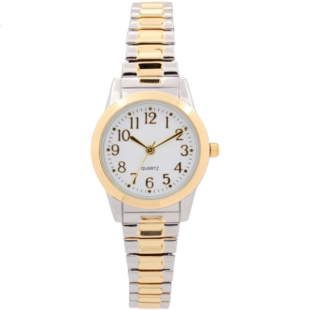 Women’s Two-Tone Quartz Watch with White Dial and Gold Bezel featuring a 25mm silver round case with polished gold-tone bezel, white dial with gold Arabic numerals and hands, and a two-tone gold and silver stainless steel expansion band, ideal for work or weekend wear.