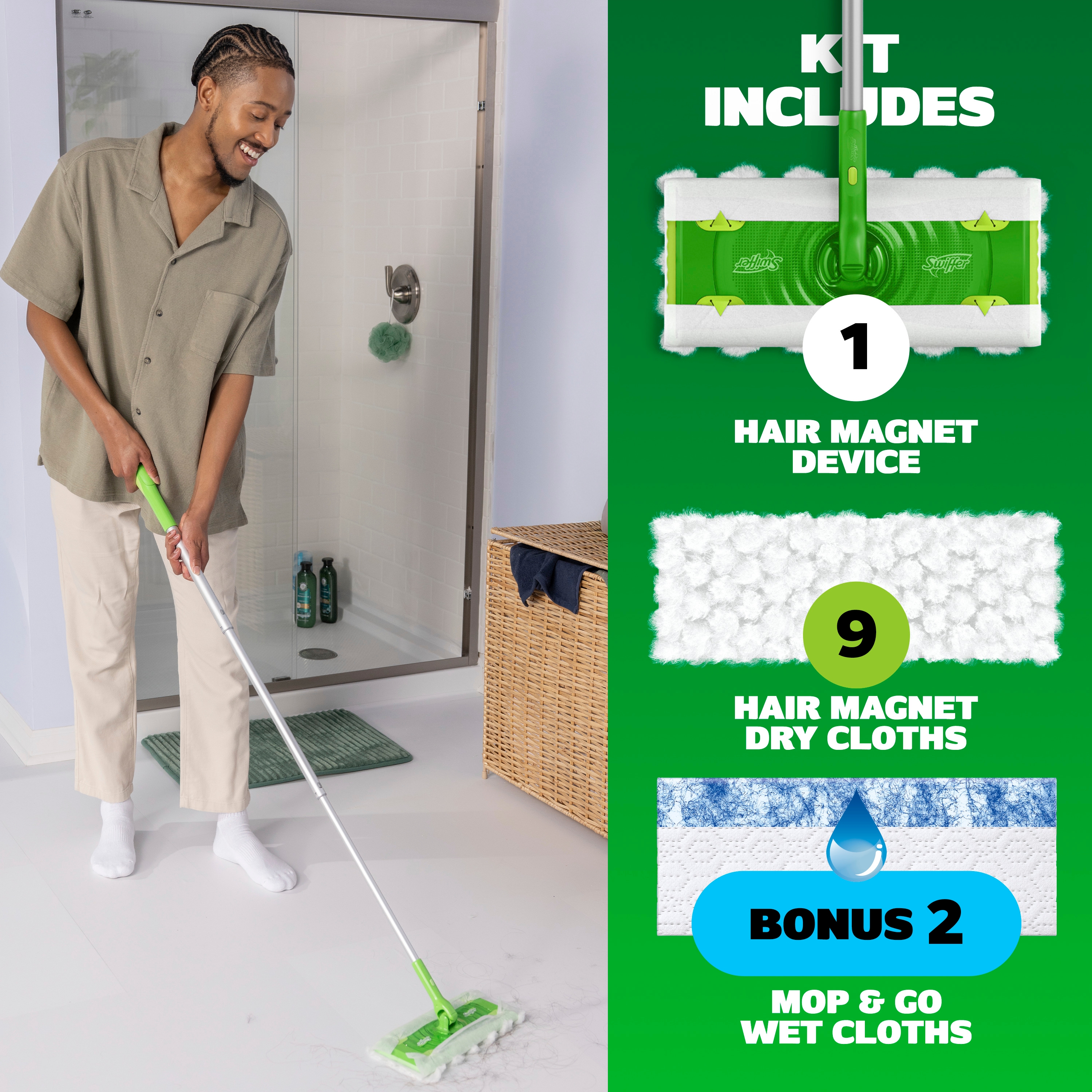Swiffer Hair Magnet Pro Starter Kit with Collapsible Pole, 6 Hair Magnet Dry Cloths, 2 Bonus Mop & Go Wet Cloths