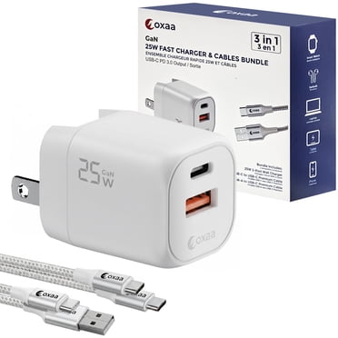 OXAA 25W Fast Charging Bundle with GaN Charger Block, Dual USB-C & USB-A Ports, Includes USB-C to C and USB-A to C Premium Cables Compatible with iPhone, Samsung Galaxy, iPad & USB-C Enabled Devices
