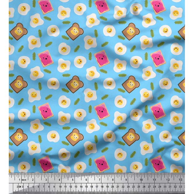 Soimoi Blue polyester Crepe Fabric Omlet & Bread Slice Food Print Sewing Fabric Yard 42 Inch Wide