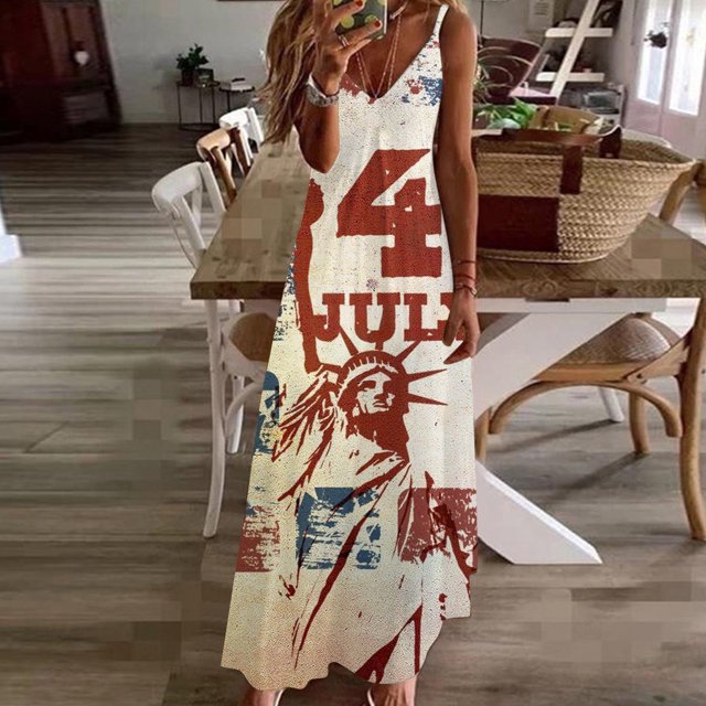 SMihono Robe d'Été Grande Taille pour Femmes Style Été 2023 Jour de l'Indépendance Imprimé Vacances Bretelles Col en V