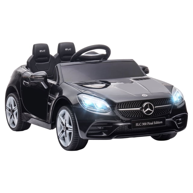 Aosom 12V Kids Electric Ride On Car with Parent Remote Control in black, designed as a powered ride-on toy resembling a luxury sports car. Features LED headlights, a detailed grille, steering wheel, seatbelt, and ports for music playback. Suitable for children aged 3-6 years, with a weight capacity of 66 lbs. Parents can control the car remotely for added safety and fun.