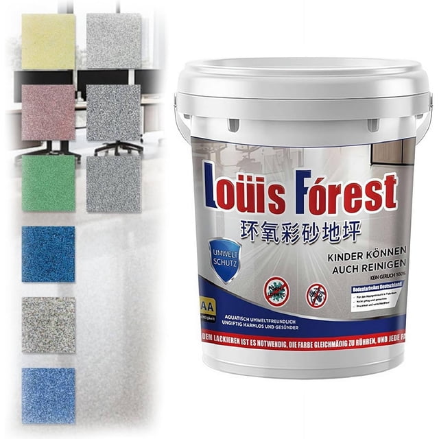 Epoxy Colored Sand Floor Paint,High-Gloss Marble Effect Epoxy Floor Coating, Colored Sand Self Leveling Flat Paint, Imitation Marble Paint, Household Cement Flat Paint (Light Gray) front-facing view of a 500g labeled container beside a small poured sample panel showing a light gray, high-gloss marble-effect finish with fine colored-sand texture and subtle veining, marketed for self-leveling indoor concrete and cement floors; container size suitable for small-area touch-ups or sample testing.