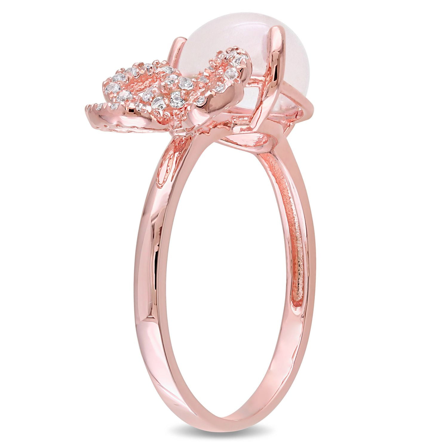 Bague cocktail florale Tangelo avec quartz rosé et topazes blanches 1-3/8 CT PBT en argent sterling plaqué de rhodium rosé