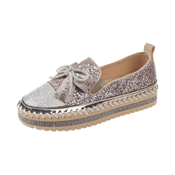 hopeusnice Clearance Women's Rhinestone Shoes Glitter Bowknot Slip On Flat Loafers Breathable Comfortable Sneakers Walking Shoes Platform Flats Rose Gold 40