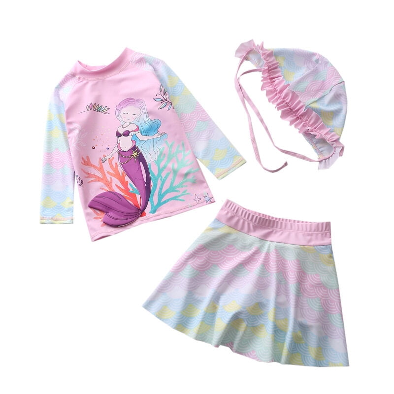 Baby/Toddler Girls Mermaid Swimsuit Rashguard Set Long Sleeve UPF 50+ ,CM25-11BT Size 4T