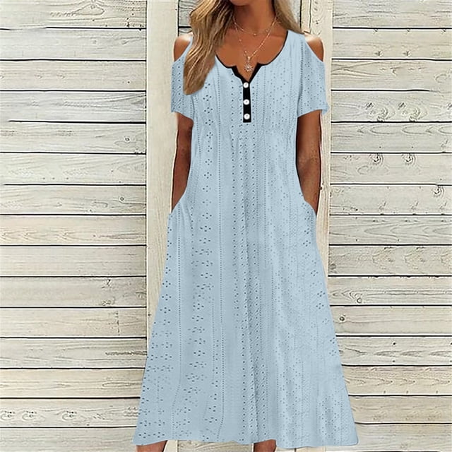Pisexur Robe à Manches Courtes à Col Rond pour Femme Été Confort Mode Couleur Unie Bouton Ajouré Poche Robe à Manches Courtes à Col Rond Robe Femme