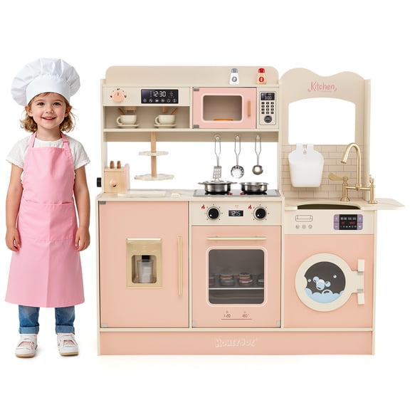 Gymax Cuisine de Jeu pour Enfants avec Cuisinières Lumière Son Robinet Four à Micro-Ondes Machine à Café Rose