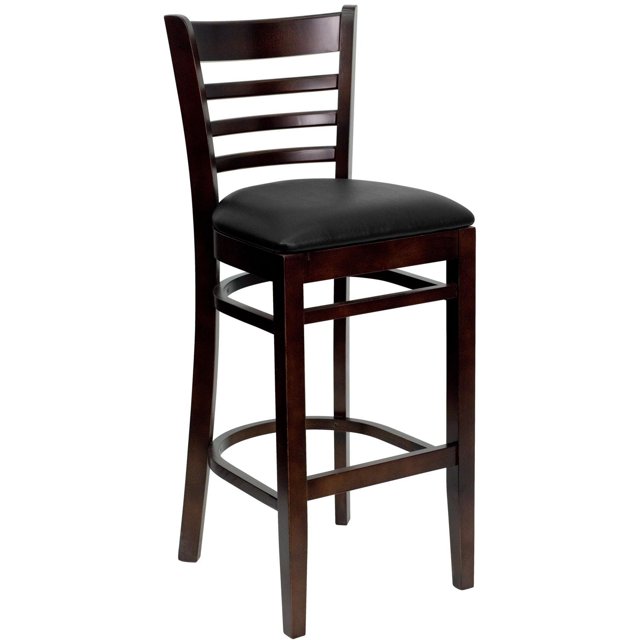 HERCULES Series Ladder Back Walnut Wood Restaurant Barstool - Black Vinyl Seat