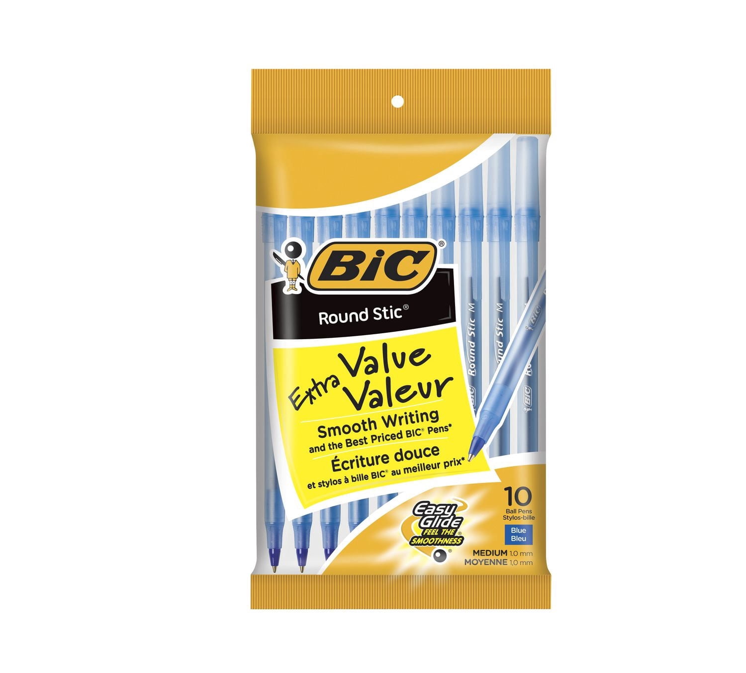 BIC Round Stic Extra Value Blue Ballpoint Pens, Medium Point (1.0 mm), 10-Count Pack of Bulk Pens, Flexible Round Barrel for Writing Comfort