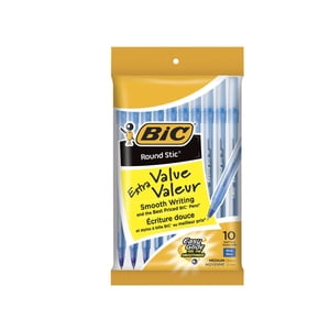 BIC Stylos à bille bleu de valeur extra ronde, point moyen (1.0 mm), 10-Count Pack de Stylos Bulk, Barrel Rond Flexible pour le confort d'écriture