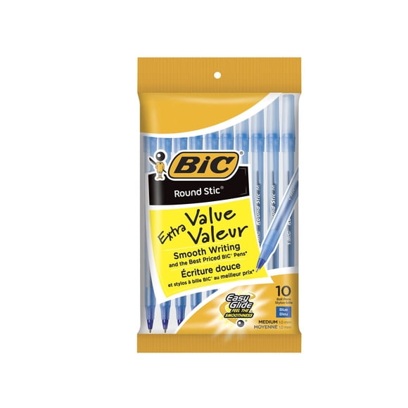 Stylos-bille bleus BIC Round Stic Extra Valeur, pointe moyenne (1,0 mm), paquet de 10 stylos en vrac, corps rond et souple pour une écriture confortable
