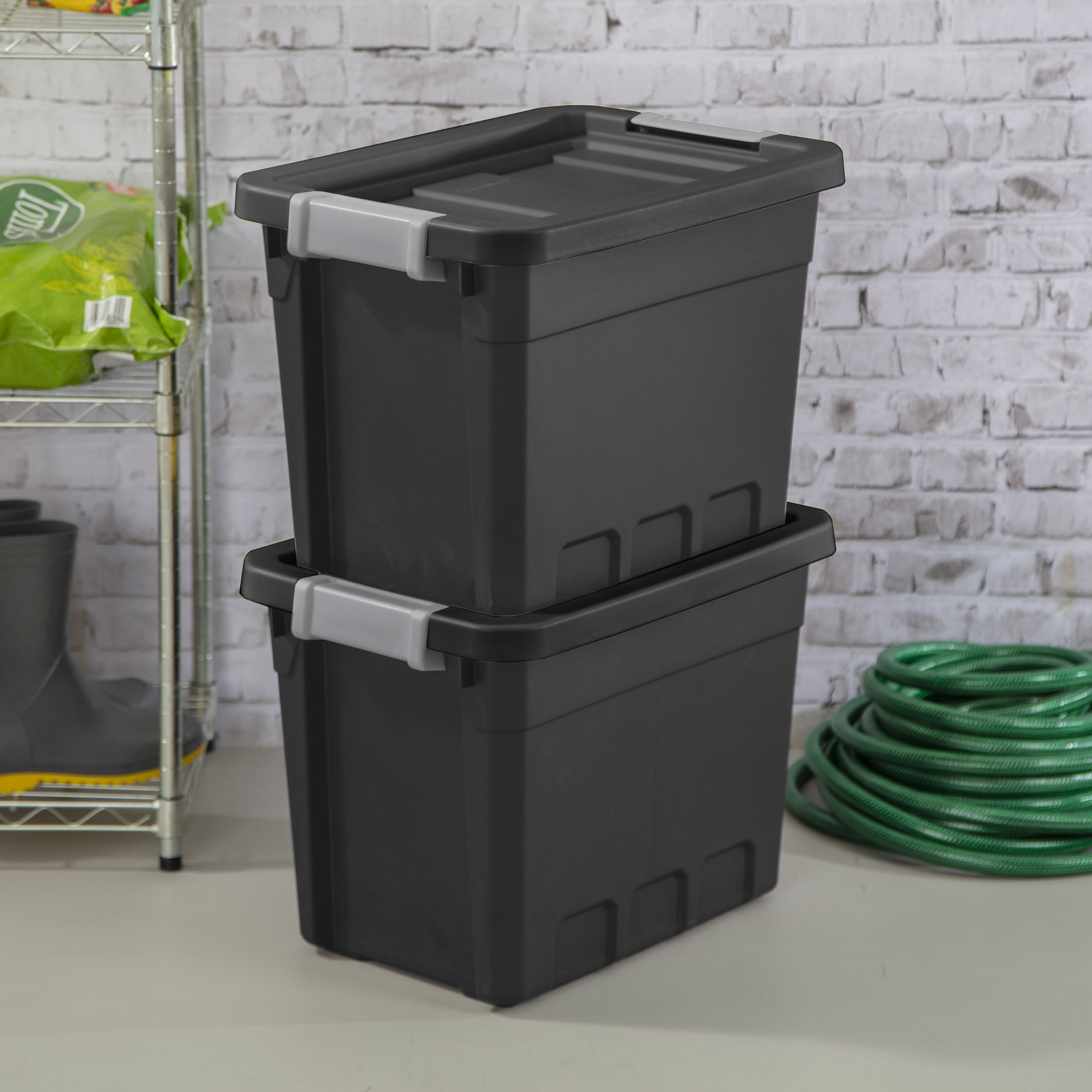 Sterilite 28 Liter Stacker Box, Durable Plastic Storage Bin with Latch Lid, Black - 6 Pk