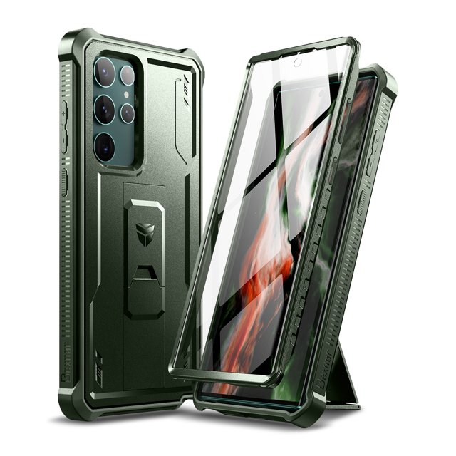 Dexnor pour Samsung Galaxy S22 Ultra Étui Vert Armée, avec Protecteur d'Écran et Béquille Intégrés. Cette Étui de protection Robuste de Qualité Militaire Est Conçue avec une construction à Double Couche d'Un Étui Rigide en PC et d'Un Pare-Chocs en TPU Antichoc pour une protection Intégrale. l'Étui Comprend des Bords Surélevés pour la protection de l'Écran et de la Caméra, une texture Antidérapante pour une Prise Sécurisée, et un Béquille Intégré pour une Vision Mains Libres en modes Paysage et portrait. Compatible Exclusivement avec le Samsung Galaxy S22 Ultra 5G.