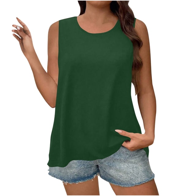 hotojiny Hauts Grande Taille pour Femmes Décontractés Amples à Col Rond T-Shirt d'Été Surdimensionné Sans Manches Tunique Unie Blouses
