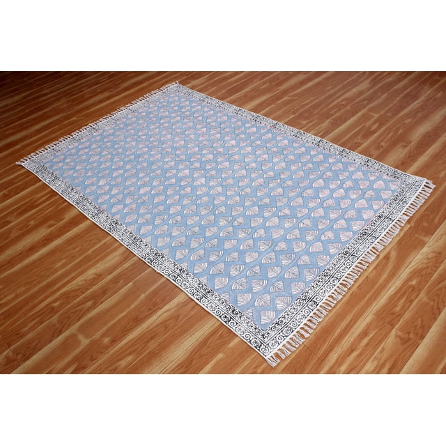 Casavani - 2'x3' Area Rugs for Kitchen and Study Room Handblock Printed Blue Cotton Dhurrie