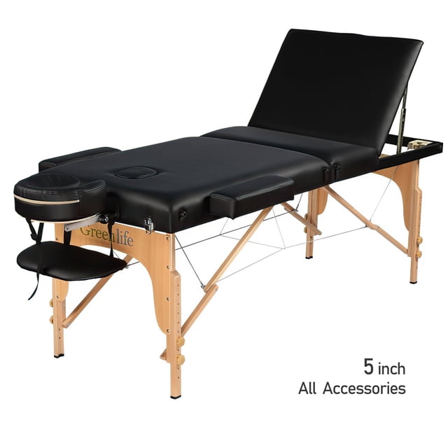 GreenLife® 3-Section 5" Luxury Wooden Super Stable Portable Massage Table - MTW132. This high-quality massage table features a black cushioned surface with three adjustable sections, a face cradle, armrests, and a side shelf. The sturdy wooden frame ensures stability, and the table is designed for portability. Suitable for professional or home spa use.