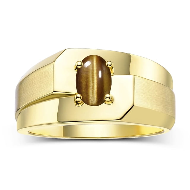 RYLOS Men's Rings 14K Yellow Gold Ring Classic Solitaire 7X5MM Oval Shape Gemstone Designer Band Tiger Eye November Birthstone Rings For Men Size 9