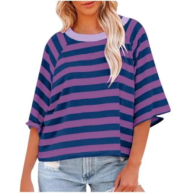 Penkiiy Chemise pour Femme en Lin à Manches 3/4, Chemise à Col Rond Unie à la Mode, Chemise à Manches Longues à Col Rond pour Femme/chemise m Violet
