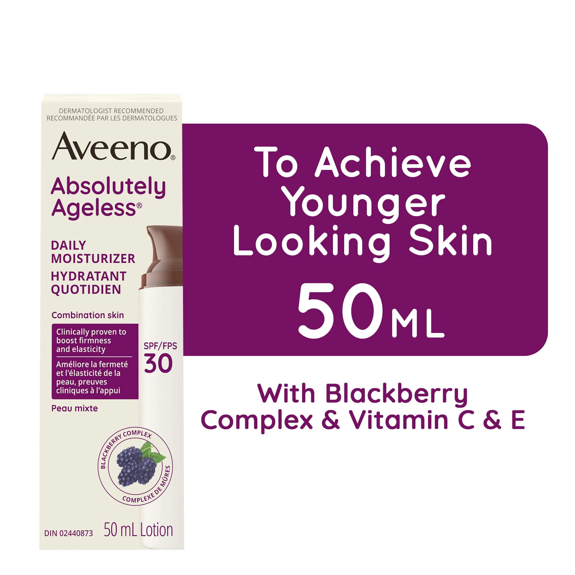 Aveeno Absolutely Ageless Daily Face Moisturizer with SPF 30 Sunscreen – Anti-Aging Wrinkle Cream with Blackberry Complex, Vitamins C & E – Hydrating Facial Moisturizer for Firmer Even Skin Tone 50 mL