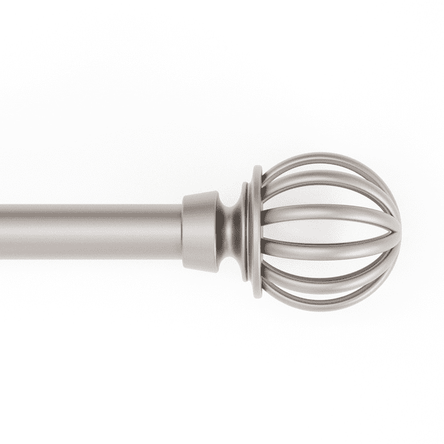 Mainstays 1/2" Nickel Macey Cage Adjustable Curtain Rod Set, 28"-48" showing a close-up side view of the steel rod with a nickel finish and open cage-style finial, suitable for window coverings and drapery hardware, including mounting brackets and hardware for easy installation.