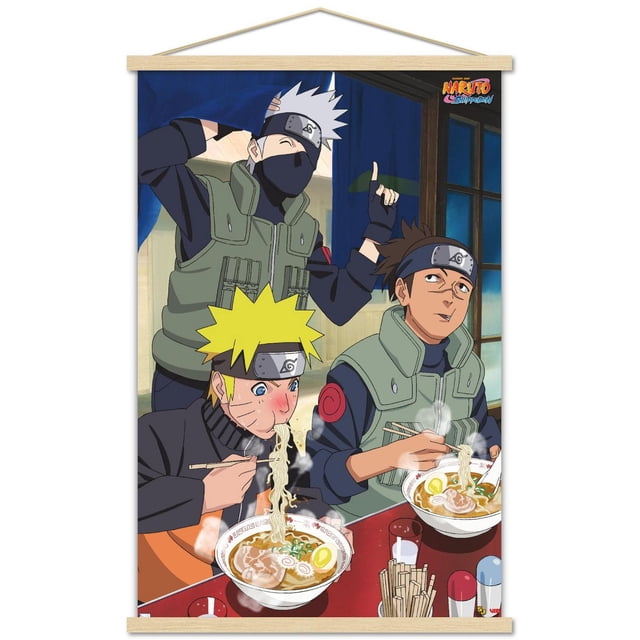 Naruto Shippuden - Food Wall Poster, 22.375" x 34" Framed depicting three Naruto characters in green flak jackets and Leaf Village headbands sharing a meal. One character with yellow spiky hair eats steaming ramen noodles with chopsticks, while another seated character also enjoys ramen. A standing character with silver hair and a face mask gestures behind them. The bowls contain broth, egg halves, pork slices, and green onions on a red table with chopsticks and condiments. This satin-finish framed poster suits home décor, dorms, or party decoration.