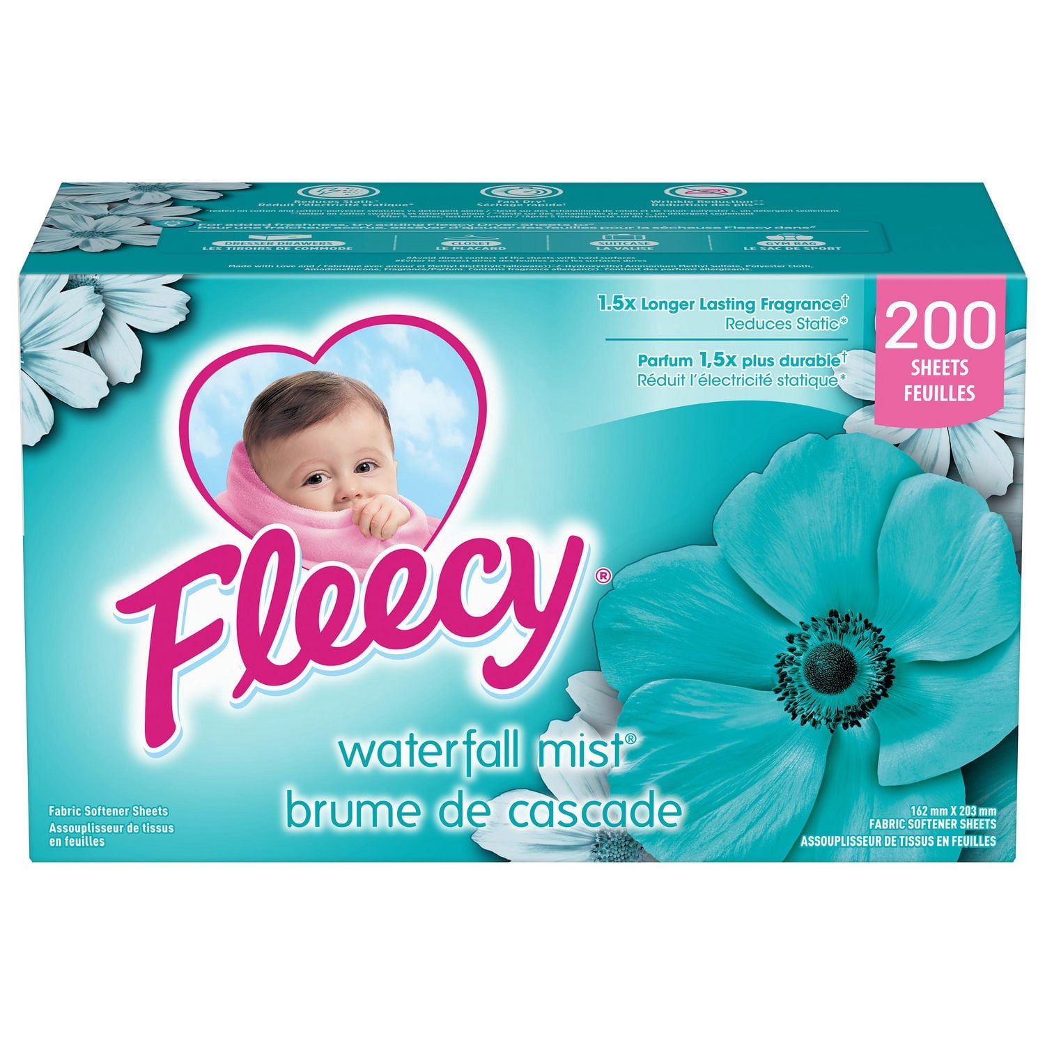 Fleecy Fabric Softener (Fabric Conditioner) Dryer Sheets, Waterfall Mist Scent 200CT