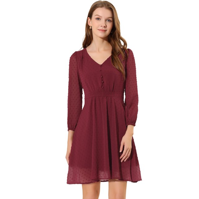 INSPIRE CHIC Robe en Mousseline Trapèze Fluide Unie Mignonne à Col en V et Manches Mi-Longues pour Femme P Fuchsia