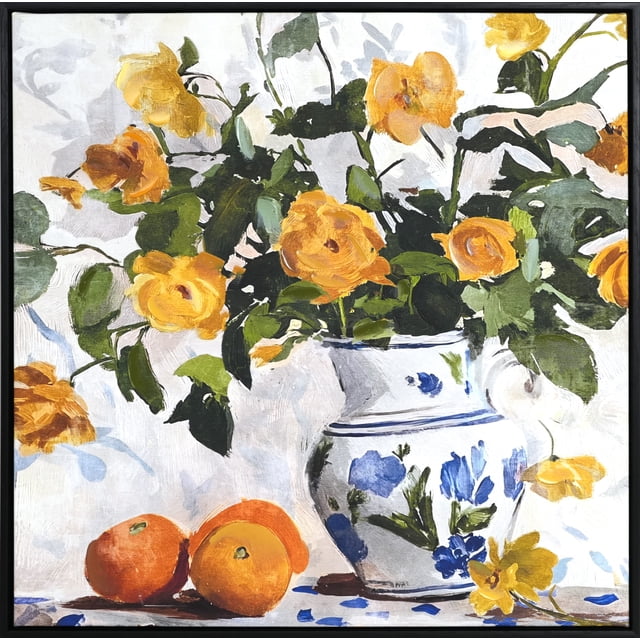 Aucune Marque Art sur Toile Encadrée de Décoration Intérieure 24x24 Lem Montrant une Nature Morte Orientée vers l'Avant de Fleurs Jaune-Orange avec des Feuilles Vertes dans un vase en Céramique Blanc avec des Motifs Floraux Bleus, Placée sur une surface Blanche avec des accents Bleus aux Côtés de Deux oranges, Convient à la Déco de Chambre de Bébé Ou à la Décoration Murale d'Accent.