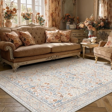 BERTHMEER Tapis 152 X 213 cm (5 Pieds X 7 Pieds) pour Salon, Chambre, Salle à Manger, Bureau, Style Champêtre, Floral, Vintage, Oriental, Traditionnel, Lavable à la Machine, Beige