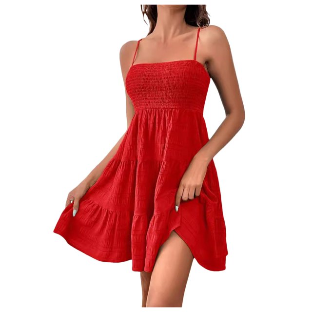 JIRNDf Robe d'Été pour Femmes Tendance 2025 Courte Unie Ourlet à Volants Courte Sans Manches Mini Aguichant Robes d'Été pour Femmes Robe Bohème Rouge m