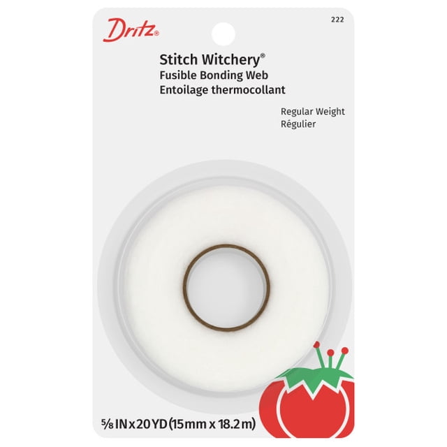 Dritz Stitch Witchery Fusible Bonding Web, 5/8" X 20-Yards, Regular Weight, White. Front-facing package with Dritz logo and visible white fusible tape; regular-weight polyamide web for steam-iron activated hems, trims and belts, machine washable and dry-cleanable. Often used for fabric appliqué and small craft stabilization.