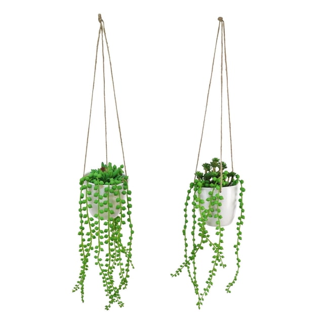 Danson Decor, 11'' Artificial Potted Succulent, Green, showing two white hanging pots suspended by natural jute ropes, each containing lifelike green artificial succulents with trailing bead-like vines, suitable for home or office décor.