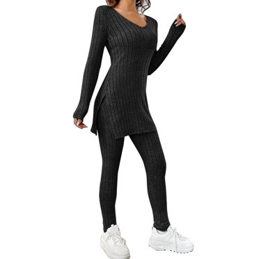 2024 Women's Two Piece Outfits - Long Sleeve V Neck Slit Hem Tee & High Waist Pants Tracksuit, Polyester/Spandex, Versatile Style (S-XXL)