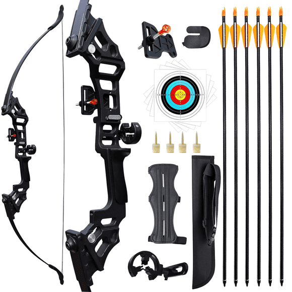 Piaoyu Arc et Flèche Recourbés de 50 Lb pour Tir à l'Arc pour Adulte, Arc d'Entraînement de 51 Pouces pour Chasse Adulte Débutant avec 6 Flèches et Accessoires de Tir