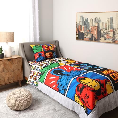 Marvel Comics Bedding Sheet Set 4 Piece Twin Bed in Bag Set for Kids with Reversible Comforter