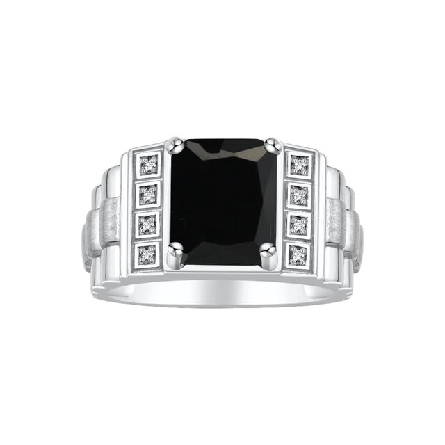 RYLOS Men's Rings 14K White Gold Designer Style 10X8MM Emerald Cut Shape Gemstone & Diamonds Onyx October Birthstone Rings For Men Size 13