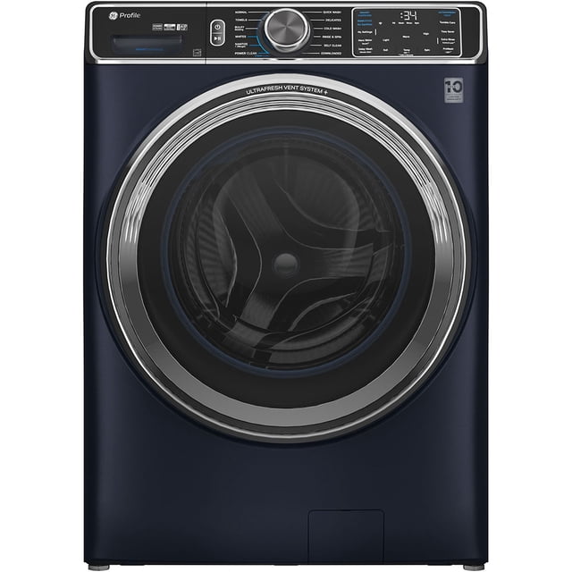 Profile 6.1 cu ft IEC Capacity Smart Front Load Steam Washer with SmartDispense UltraFresh Vent System - PFW870SPVRS by GE Appliances. This front-load washing machine features a 6.1 cu ft capacity, UltraFresh Vent System with Microban technology, steam cleaning, SaniRinse, SmartDispense for detergent, and sanitize and allergen cycles. It is WiFi connected, Energy Star certified, and designed in a sleek dark finish with a modern control panel.